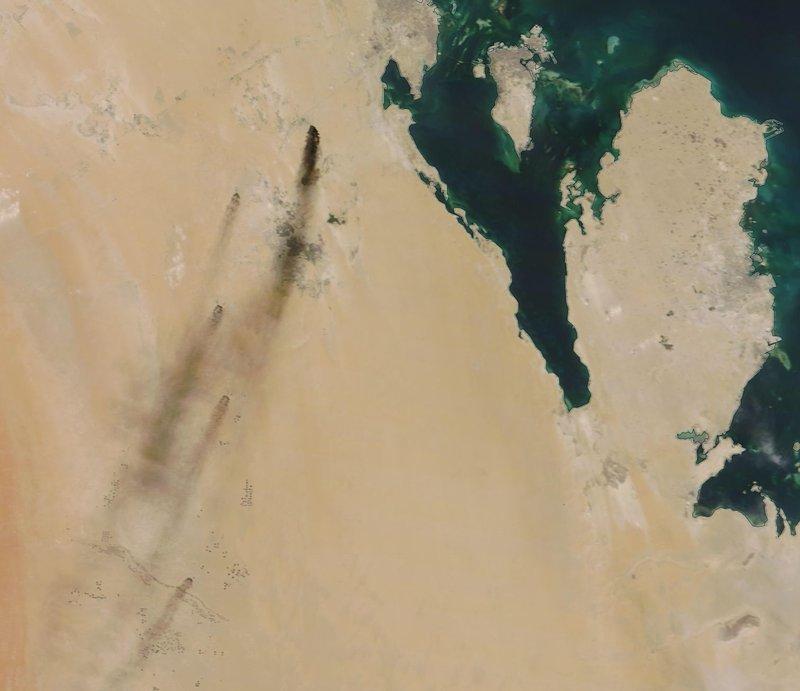Satellite image provided by NASA Worldview shows fires following Yemen's Houthi rebels claiming a drone attack on two major oil installations in eastern Saudi Arabia on Sept. 14, 2019. (NASA Worldview via AP)