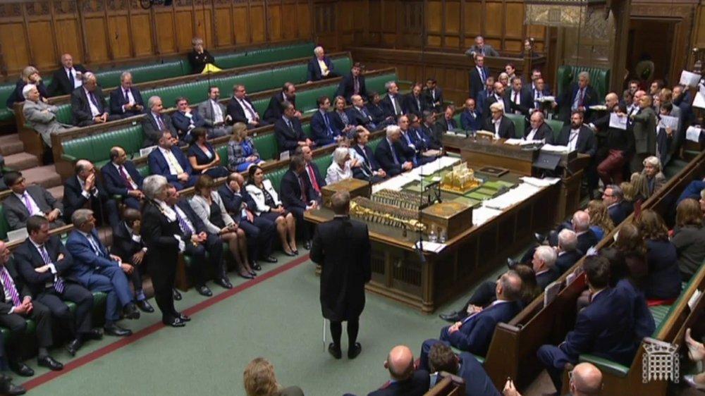 British lawmakers stage a protest in the House of Commons before prorogation of parliament, in London on Sept. 10, 2019. (Parliament TV via PA via AP)