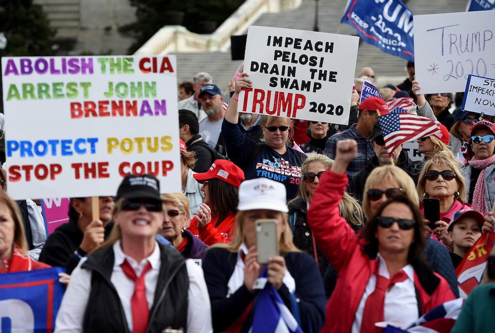 Supporters of President Donald Trump hold a "Stop Impeachment" rally in front of the US Capitol in Washington on Oct. 17, 2019. (Olivier Douliery/AFP via Getty Images)