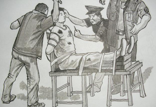 The "tiger bench" torture method used in Chinese prisons. (Minghui.org)