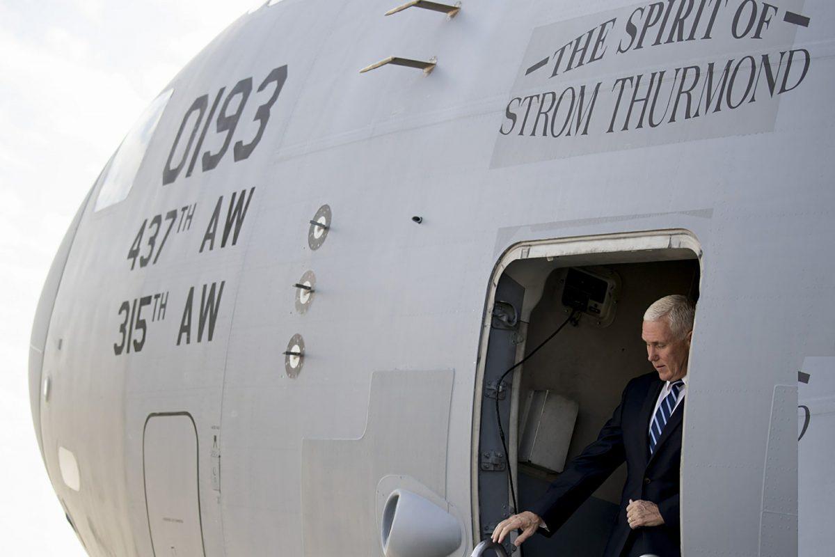 Vice President Mike Pence arrives at Al Asad Air Base, Iraq on Nov. 23, 2019. (Andrew Harnik/AP Photo)