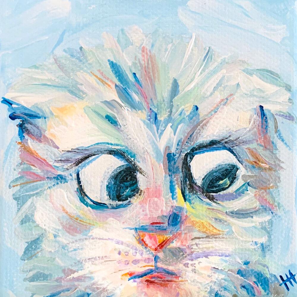<span style="font-weight: 400;">A lawyer who got caught behind an animated cat filter in a teleconference meeting inspired the painting “I’m Not a Cat!” Acrylic on Stretched Mini Canvas by Heather Harrington.</span>