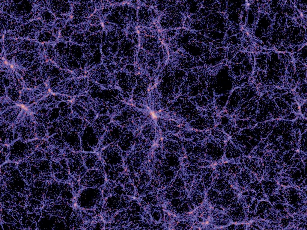 Galaxy (luminous matter) large-scale distribution, obtained in Millenium simulation. (Wikimedia Commons)