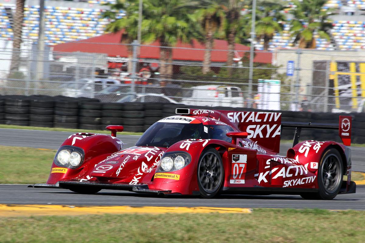 The #07 Mazda SkyActiv diesel P2 spun exiting the East Horseshoe Friday morning (with Joel Miller at the wheel, according to Marshall Pruett,) possibly because of the cold conditions or possibly because of driveshaft failure. (Chris Jasurek/Epoch Times)
