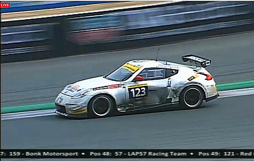 The #123 Nissan GT Academy Team RJN Nissan 370Z of Lucas Ordonez, Miguel Faisca, Florian Strauss, Stanislav Aksenov, and Nickolas McMillen spent a lot of time in the pits but still managed to win the SP2 class. (Screenshot from live.24hseries.com)