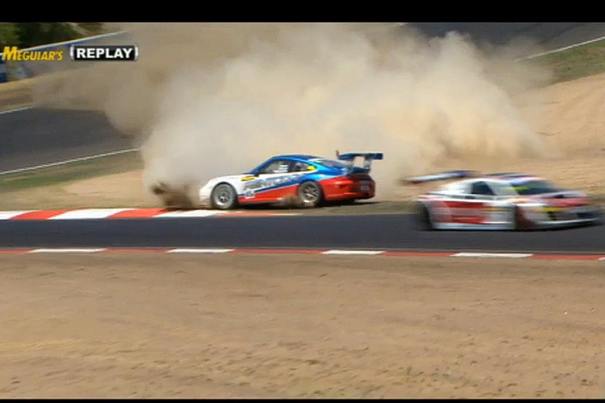 The #45B Porsche spins off track as it brakes fail. (bathurst12hour.com.au)