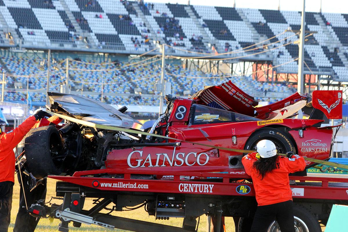 The wreckage reveals the forces reacted upon Gidley and his car when he hit the slowing Ferrari of Matteo Malucelli at 135 mph. (Chris Jasurek/Epoch Times)
