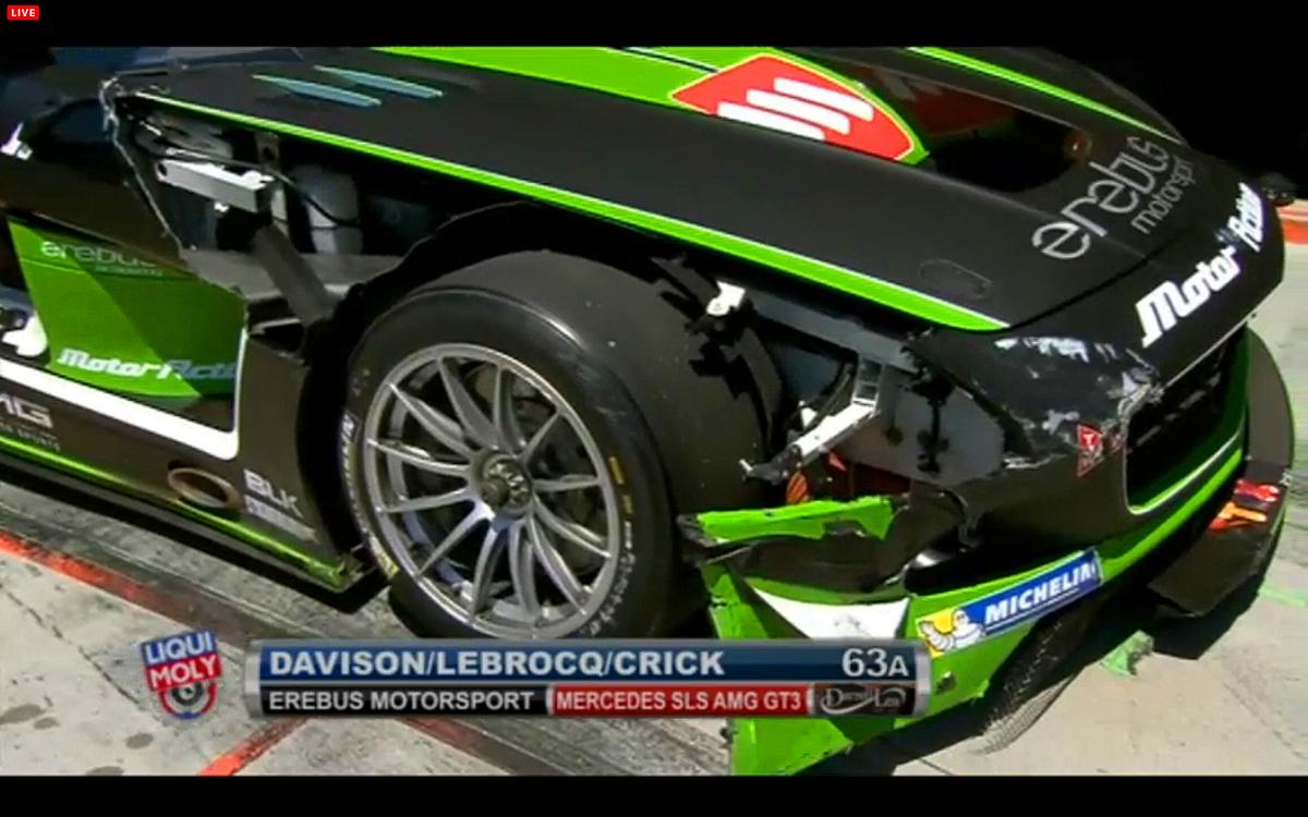 Greg Crick Misjudged his closing speed and nicked the Daytona Coupe coming over the mountain, tearing off even more of the #63 Erebus Mercedes' bodywork. (bathurst12hour.com.au)