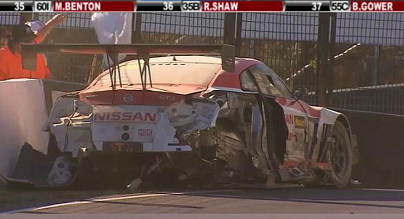 A screenshot of the #32 Nismo Nissan jammed against the wall a few hundred yards down the track from the wreckage of the ferrari. (bathurst12hour.com.au)