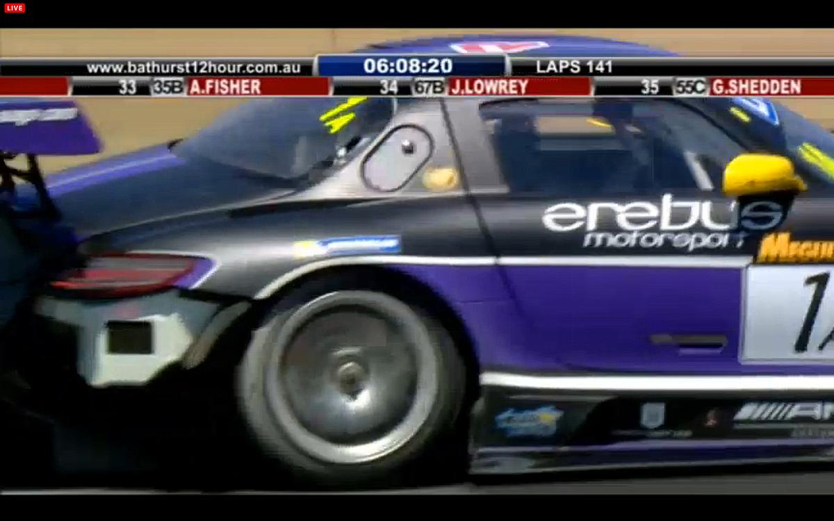 The #1 Mercedes is missing some of its right rear fender after going off at Skyline. (bathurst12hour.com.au)