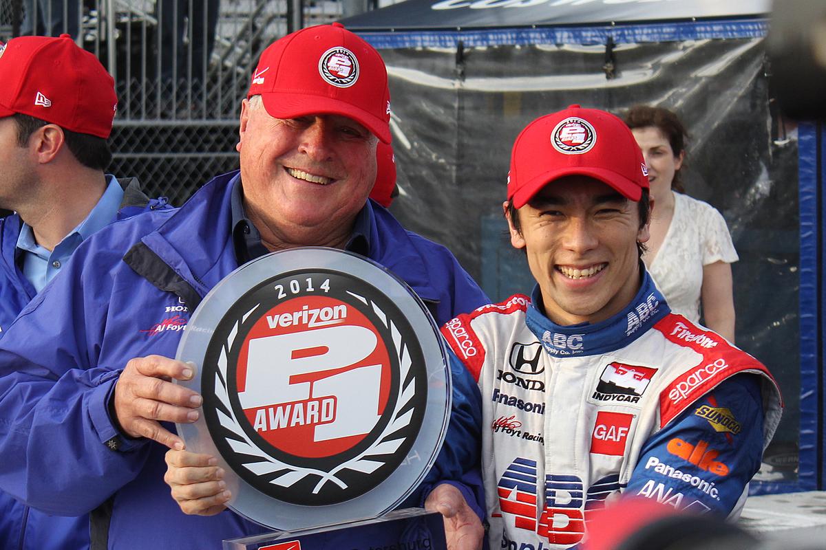 AJ Foyt and Takuma Sato share the Verizon P1 Pole Award after Sato scored the pole for the St. Pete Grand Prix. (Chris Jasurek/Epoch Times)