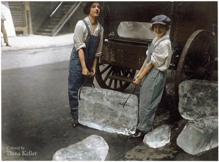 <br/>Girls help deliver ice on Sept. 16, 1918—work usually done by men—to help out during WWI, colorized by Dana Keller.