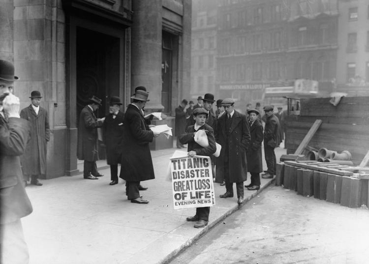 The Titanic sank on April 15, 1912. On April 16, Outside the White Star Line offices in London, newspaper boy Ned Parfett sells copies of the evening paper bearing news of the disaster. Six years later at age 22, Parfett was killed during a German bombardment whilst serving in France, just days before the end of WWI.