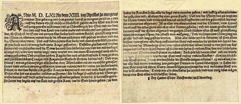 The text portion of a news notice printed on April 14, 1561, in Nuremberg Germany, written by Hans Glaser. (Wikimedia Commons)