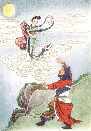 Yi watches helplessly as his newly immortal wife, Chang'E, flies off to the moon. Screenshot/Project Gutenberg eText 15250Public Domain,- Werner, E.T.C. (1922).