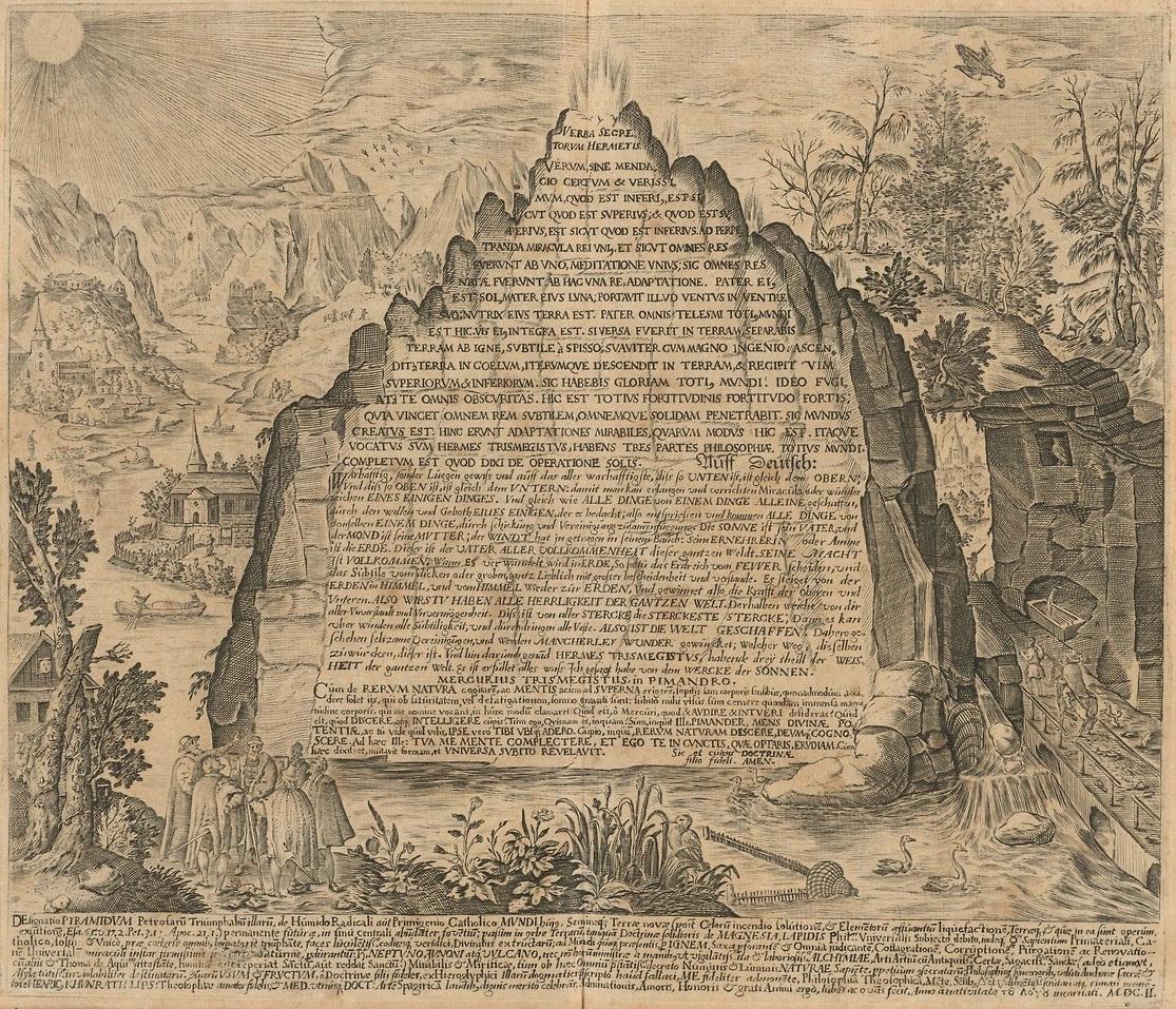 Engraved image of the "emerald tablet" from Amphitheatrvm sapientiae aeternae, solivs verae, 1609, by Heinrich Khunrath (1560-1605). (Houghton Library, Harvard University/Wikimedia Commons)