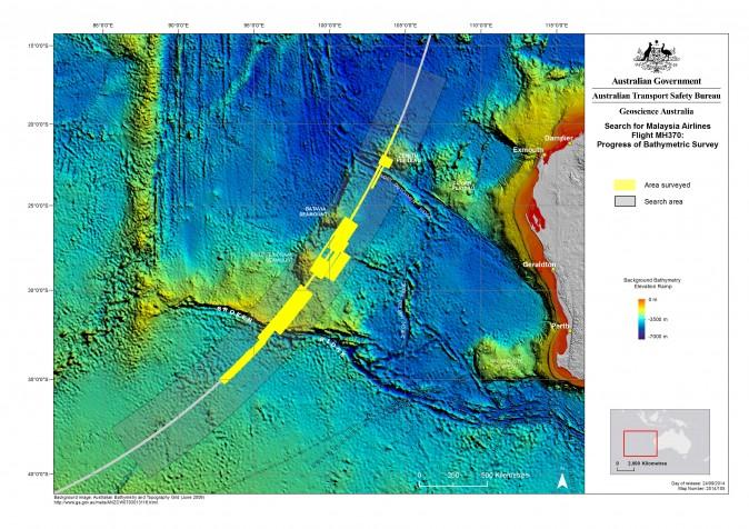 In this map provided on Sept. 24, 2014, by The Australian Transport Safety Bureau, details are presented in the search for the missing Malaysia Airlines Flight 370 in the southern Indian Ocean. After a four-month hiatus, the hunt for Malaysia Airlines Flight 370 is expected to resume Sunday, Oct. 5, 2014, in a desolate stretch of the Indian Ocean, with searchers lowering new equipment deep beneath the waves in a bid to finally solve one of the world's most perplexing aviation mysteries. (AP Photo/The Australian Transport Safety Bureau) EDITORIAL USE ONLY