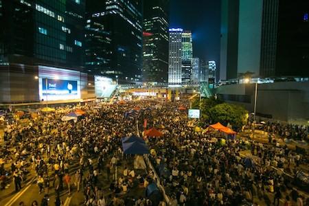Thousands of pro-democratic protesters fill what they are now calling "Umbrella Square," in the Central District of Hong Kong, where all of the Government officers are on Oct. 10, 2014. (Benjamin Chasteen/Epoch Times)