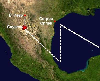 The alleged path of the UFO that collided with a small civilian airplane near Coyame, Mexico. (Wikimedia Commons)