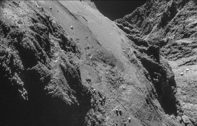 A view from Rosetta's navigation camera on 26 October, about 8 km above the comet's surface, from which range the field of view is less than 1 km across. (ESA)