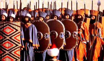 Men in ceremonial dress represent "The Immortals" at celebrations taking place in October 1971 commemorating the 2,500th anniversary Cyrus the Great's founding the Persian Empire (Iranian monarchy). (<a href="http://commons.wikimedia.org/wiki/File:AchaemenidSoldiers.jpg" target="_blank">Wikimedia Commons</a>)