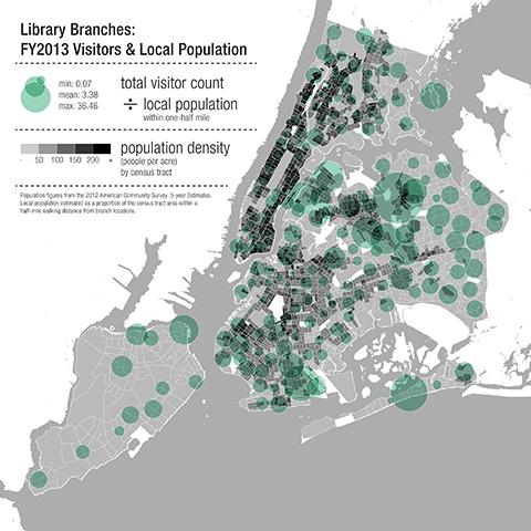 A map of New York showing population density and library visitors. (Marble Fairbanks)