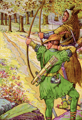 Robin Hood with Sir Guy "Bold Robin Hood and His Outlaw Band: Their Famous Exploits in Sherwood Forest", Louis Rhead. (<a href="http://commons.wikimedia.org/wiki/File:Robin_shoots_with_sir_Guy_by_Louis_Rhead_1912.png" target="_blank">Wikimedia Commons</a>)