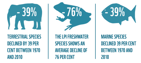 Species decline between 1970 and 2010. (WWF. 2014.<a href="http://wwf.panda.org/about_our_earth/all_publications/living_planet_report/living_planet_index2/" target="_blank"> Living Planet Report</a>. WWF International, Gland, Switzerland.)