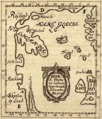 The Skálholt Map made by the Icelandic teacher Sigurd Stefansson in the year 1570. Helleland ("Stone Land" = Baffin island), Markland ("Forest Land" = Labrador), Skrælinge Land ("Land of the Foreigners" = Labrador), Promontorium Vinlandiæ (Newfoundland). (Public Domain)