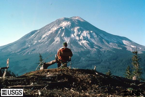 A USGS geologist at Coldwater II observation post watching Mount St. Helens. (USGS)