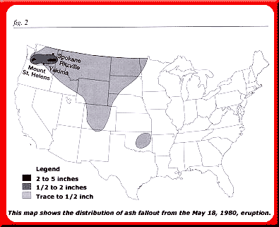 The largest concentration of ash was nearest the Mt St. Helens eruption site. The ash spread to Washington, Wyoming, North Dakota, South Dakota, Colorado, Utah, Oklahoma, and Idaho. (USGS)