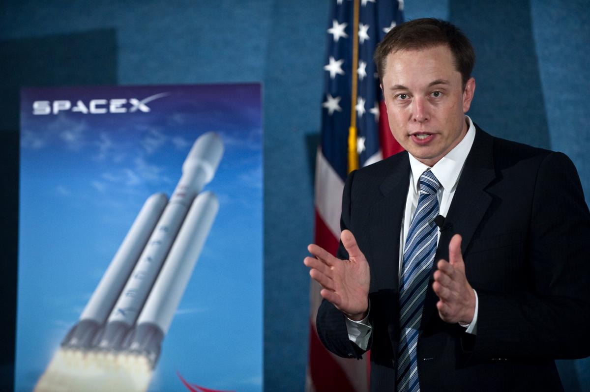 SpaceX CEO Elon Musk unveils the Falcon Heavy rocket at the National Press Club in Washington on April 5, 2011. (NICHOLAS KAMM/AFP/Getty Images)