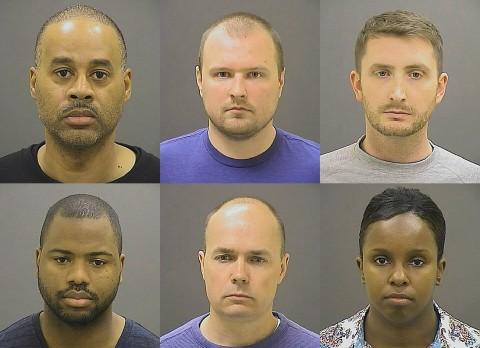 Baltimore police officers, top row from left, Caesar R. Goodson Jr., Garrett E. Miller and Edward M. Nero, and bottom row from left, William G. Porter, Brian W. Rice and Alicia D. White, charged with felonies ranging from assault to murder in the police-custody death of Freddie Gray. (Baltimore Police Department/AP)