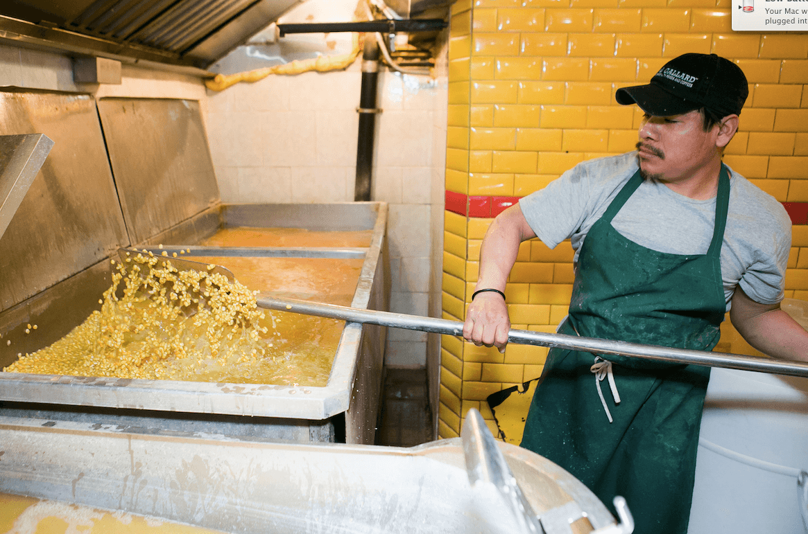 Field corn is cooked with powdered limestone at Tortilla Nixtamal in Queens, New York. (Samira Bouaou/Epoch Times)