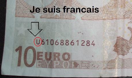 This euro note with the letter "U" in front of the serial number was printed in France.