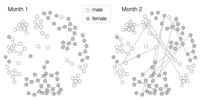 Social contact patterns in a secondary school year group. Each point is a participant, and lines represent a mutually reported contact. (Data: London School of Hygiene & Tropical Medicine)