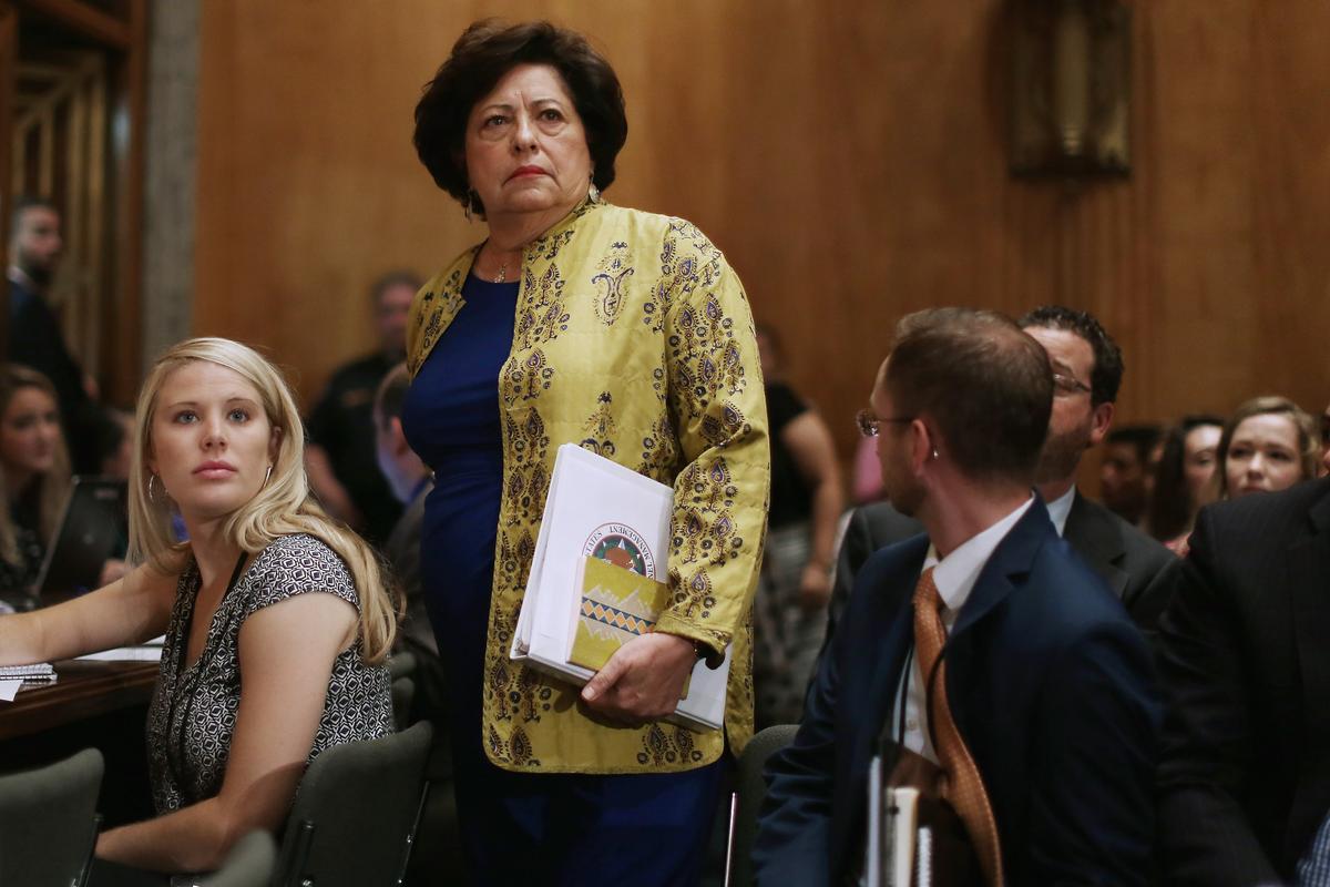 The Office of Personnel Management Director Katherine Archuleta arrives late for a hearing of the Senate Homeland Security and Governmental Affairs Committee about the recent OPM data breach in the Dirksen Senate Office Building on Capitol Hill June 25, 2015 in Washington, DC. (Chip Somodevilla/Getty Images)