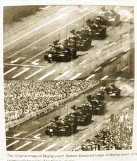 At the top is the original "Tank Man" photo, while the bottom photo shows Xinhua's edited version of masses of people left and right welcoming the tanks. (Xinhua, Ming Pao)