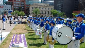 The Tian Guo Marching Band performing at the rally on July 12 on Parliament Hill in Ottawa. The band members all practise Falun Gong, a spiritual discipline facing persecution in communist China. (Samira Bouaou/The Epoch Times)