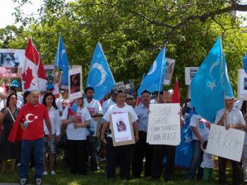Uyghurs and supporters protest outside the Chinese embassy in Ottawa on July 10, 2009. (The Epoch Times)