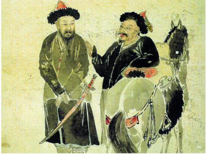 A Korean painting from the 18th century depicting two Jurchen warriors and their horses. (CC BY, Kim Yun-gyeom 1711 ~ 1775)