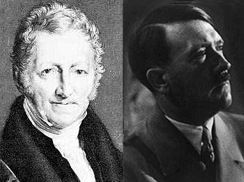 18th century clergyman Thomas Malthus published many of the ideas that Hitler incorporated into his schemes for a 'master race'. (Malthus-Public domain; Hitler-Library of Congress)