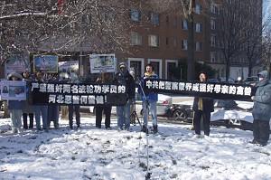 Falun Gong practitioners hold a press conference in front of the Chinese Embassy (The Epoch Times)