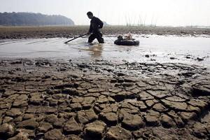 A fisherman net fishing at the quickly drying up Dongting Lake on January 11, 2007. (China Photos/Getty Images)