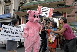Manila, Philippines-Animal rights activists hold signs that say "Happy Year of the Pig, Don't Eat Me!"  (Jay Directo/AFP Photo)