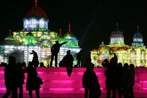 Colorful ice sculptures at the 23rd Harbin International Ice and Snow Festival. (Chu/Getty Images)