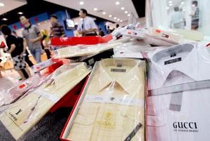 Counterfeit name-brand dress shirts displayed at the Beijing Administration for Industry and Commerce. (AFP/Getty Images)