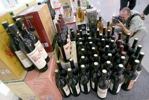 Counterfeit bottled wine displayed at the Beijing Administration for Industry and Commerce. (AFP/Getty Images)