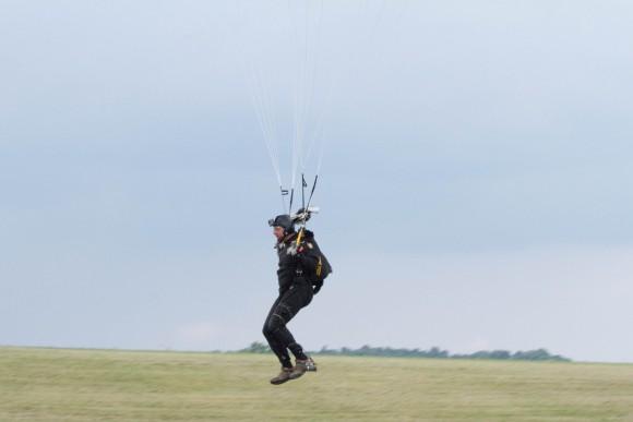 A parachuter with the West Point Parachute Team lands next to the runway at the York Air Show on Aug. 30, 2015 at Stewart International Airport in New Windsor. (Holly Kellum/Epoch Times)