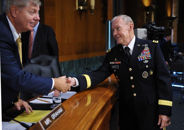 <a><img src="https://www.theepochtimes.com/assets/uploads/2015/09/119891179.jpg" alt="US Army General Martin Dempsey (R) shakes hands with Senator Lindsey Graham, R-SC, before the start of a confirmation hearing for Dempsey as the next chairman of the joint chiefs of staff July 26, on Capitol Hill in Washington.   (Mandel Ngan/Getty Images)" title="US Army General Martin Dempsey (R) shakes hands with Senator Lindsey Graham, R-SC, before the start of a confirmation hearing for Dempsey as the next chairman of the joint chiefs of staff July 26, on Capitol Hill in Washington.   (Mandel Ngan/Getty Images)" width="320" class="size-medium wp-image-1799893"/></a>